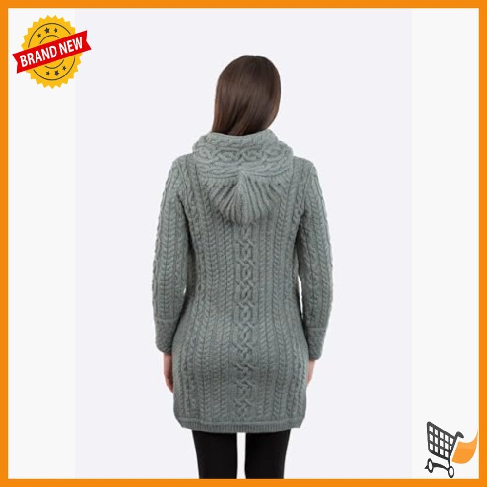 Merino Wool Zip Cardigan with Hood and Pockets, Long Length - Picture 3 of 7